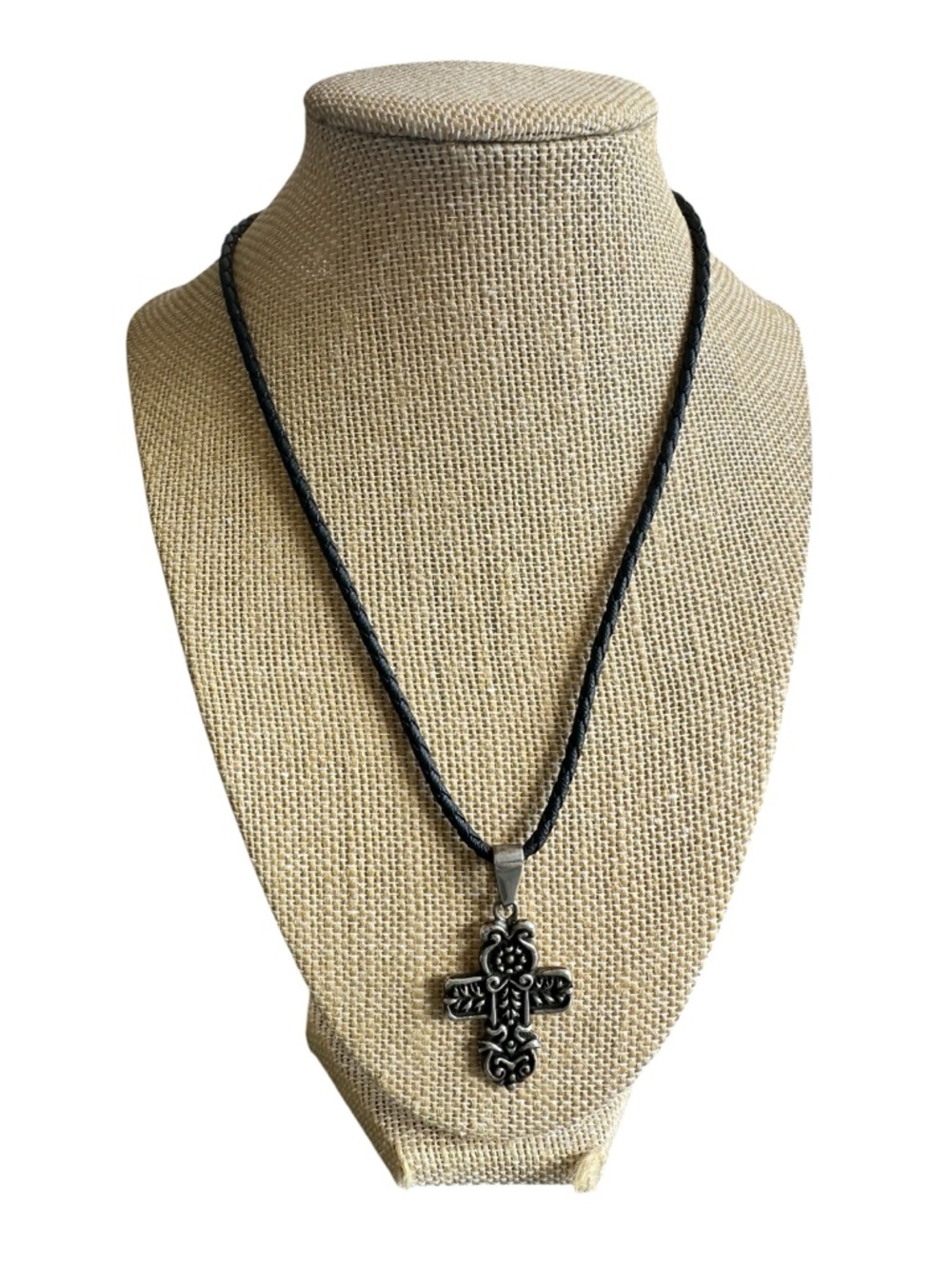 Sterling Silver Cross Pendant Corded Black Necklace